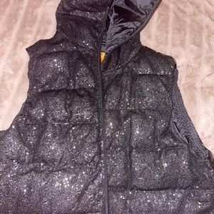 Large Black Sequined Front and Puffed Back Hooded Vest Coat from Joe Fresh.